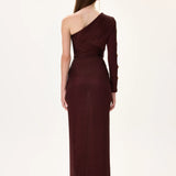 Knitted Burgundy One Sleeved Draped Midi Dress With Side Slit And Gold Accessories