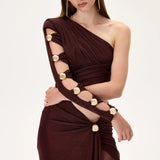 Knitted Burgundy One Sleeved Draped Midi Dress With Side Slit And Gold Accessories