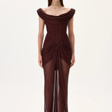 Knitted Burgundy Cowl Neckline Corseted Gown With Train And Front Slit
