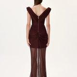 Knitted Burgundy Cowl Neckline Corseted Gown With Train And Front Slit