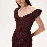 Knitted Burgundy Cowl Neckline Corseted Gown With Train And Front Slit
