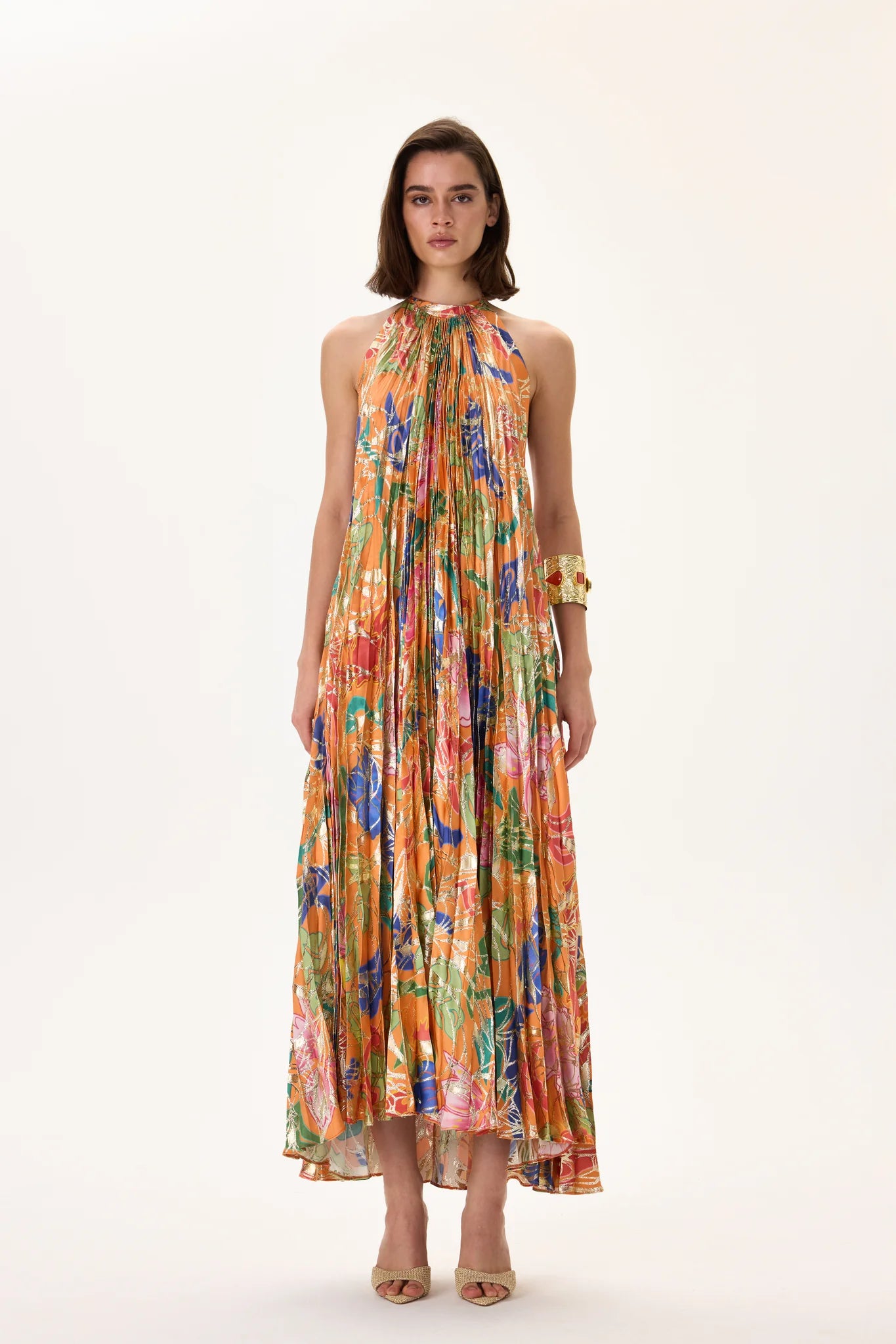 Orange Pleated Viscose Multi Color Flower Printed Midi Dress With Gold RAISA VANESSA INT Orange Pleated Viscose Multi Color Flower Printed Midi Dress With Gold RAISA VANESSA INT