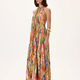 Orange Pleated Viscose Multi Color Flower Printed Midi Dress With Gold Foil Accents