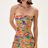 Orange Pleated Viscose Multi Color Flower Printed Mini Dress With Gold Foil Accents