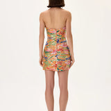 Orange Pleated Viscose Multi Color Flower Printed Mini Dress With Gold Foil Accents