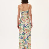 Ecru Pleated Viscone Multi Color Flower Printed Dress With Gold Foil Accents