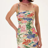Ecru Pleated Viscone Multi Color Flower Printed Dress With Gold Foil Accents