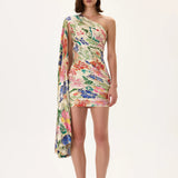 Ecru Pleated Viscose Multi Color Flower Printed One Shouldered Mini Dress With Gold Foil Accents