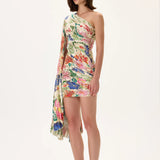 Ecru Pleated Viscose Multi Color Flower Printed One Shouldered Mini Dress With Gold Foil Accents