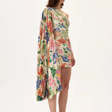 Ecru Pleated Viscose Multi Color Flower Printed One Shouldered Mini Dress With Gold Foil Accents