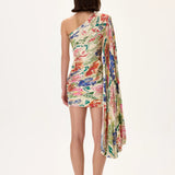Ecru Pleated Viscose Multi Color Flower Printed One Shouldered Mini Dress With Gold Foil Accents