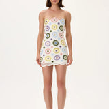 Crochet Pastel Multi Color Crystal Printed Boned Mini Dress
