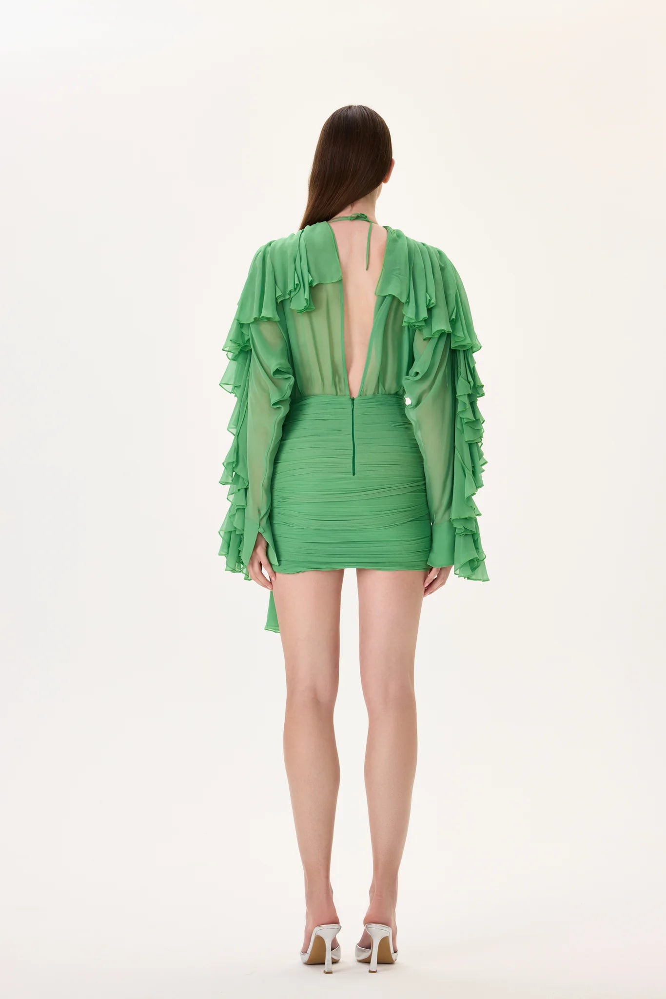 Green Chiffon Mini Dress with Ruffled Sleeves and Stoned Neckline – RAISA VANESSA INT