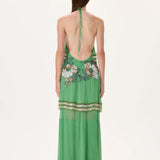 Maxi Chiffon Crystal Flower Appliqued Halter Neck Dress with Hand-Embroidered Beaded Fringes