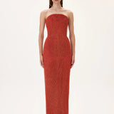 Vivid Pomegranate Pearl Corseted Strapless Gown