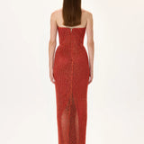 Vivid Pomegranate Pearl Corseted Strapless Gown