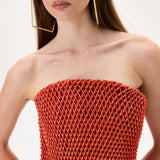 Vivid Pomegranate Pearl Corseted Strapless Gown