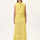 Yellow Pleated Chiffon Dress With Laser Cut Skirt