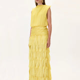 Yellow Pleated Chiffon Dress With Laser Cut Skirt