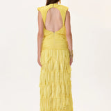 Yellow Pleated Chiffon Dress With Laser Cut Skirt