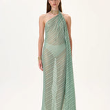 Mint Crystal Printed Chiffon See Through Dress With Attached Necklace
