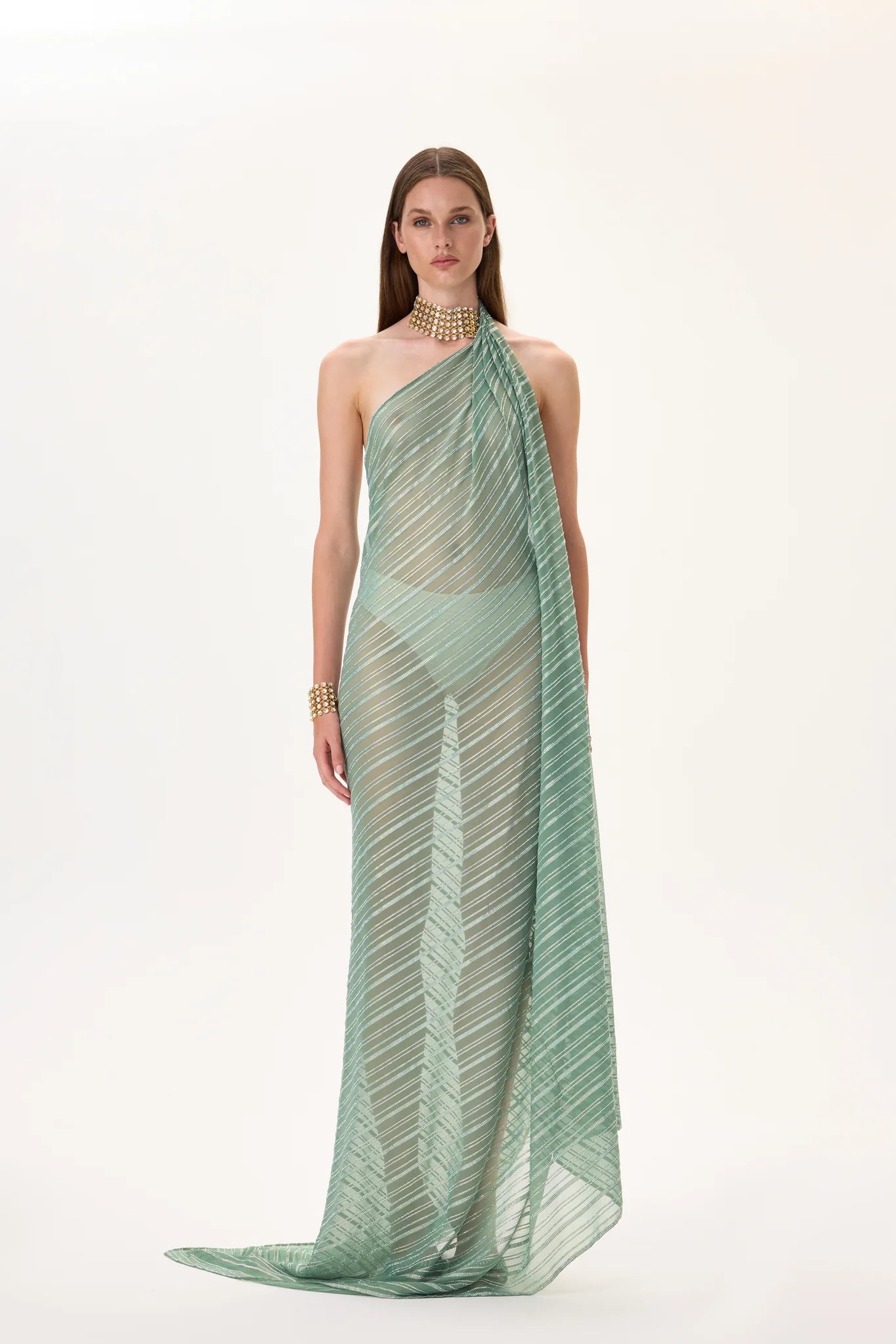 Mint Crystal Printed Chiffon See Through Dress With Attached Necklace – RAISA VANESSA INT