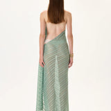 Mint Crystal Printed Chiffon See Through Dress With Attached Necklace