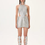 Metallic Silver Armor Halter Neck Mini Dress