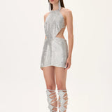 Metallic Silver Armor Halter Neck Mini Dress