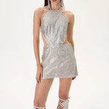 Metallic Silver Armor Halter Neck Mini Dress