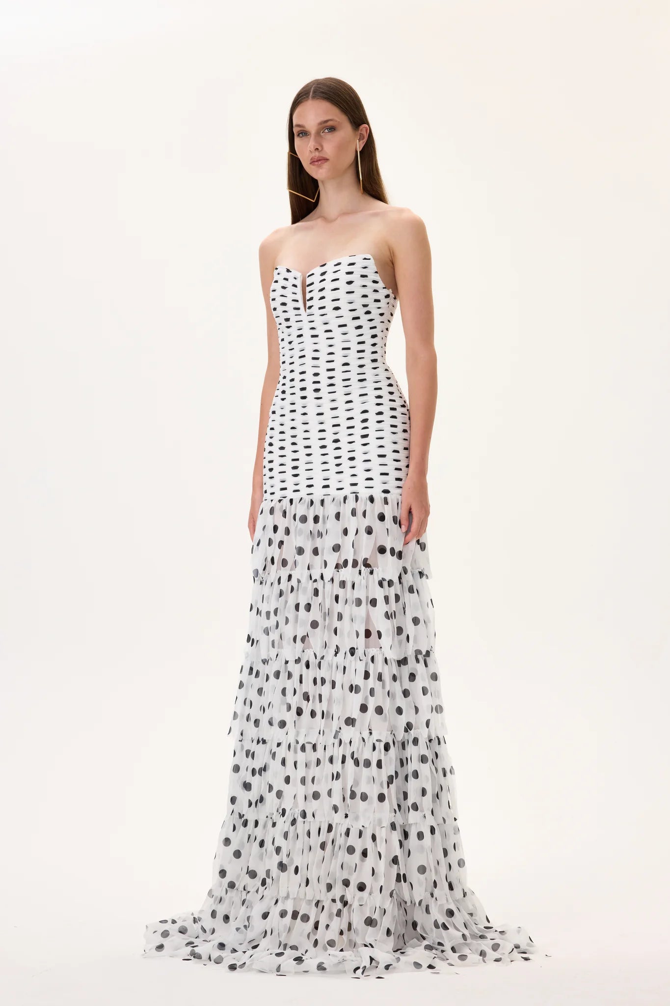 Polka Dot Pleated Organza Gown With Laser Cut Chiffon Skirt – RAISA VANESSA INT
