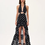 SS26-D-1044-34 raisa_vanessa black-polka-dot-chiffon-dress-with-laser-cut-fringes-and-belt-detail