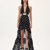 SS26-D-1044-34 raisa_vanessa black-polka-dot-chiffon-dress-with-laser-cut-fringes-and-belt-detail