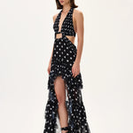 SS26-D-1044-36 raisa_vanessa black-polka-dot-chiffon-dress-with-laser-cut-fringes-and-belt-detail
