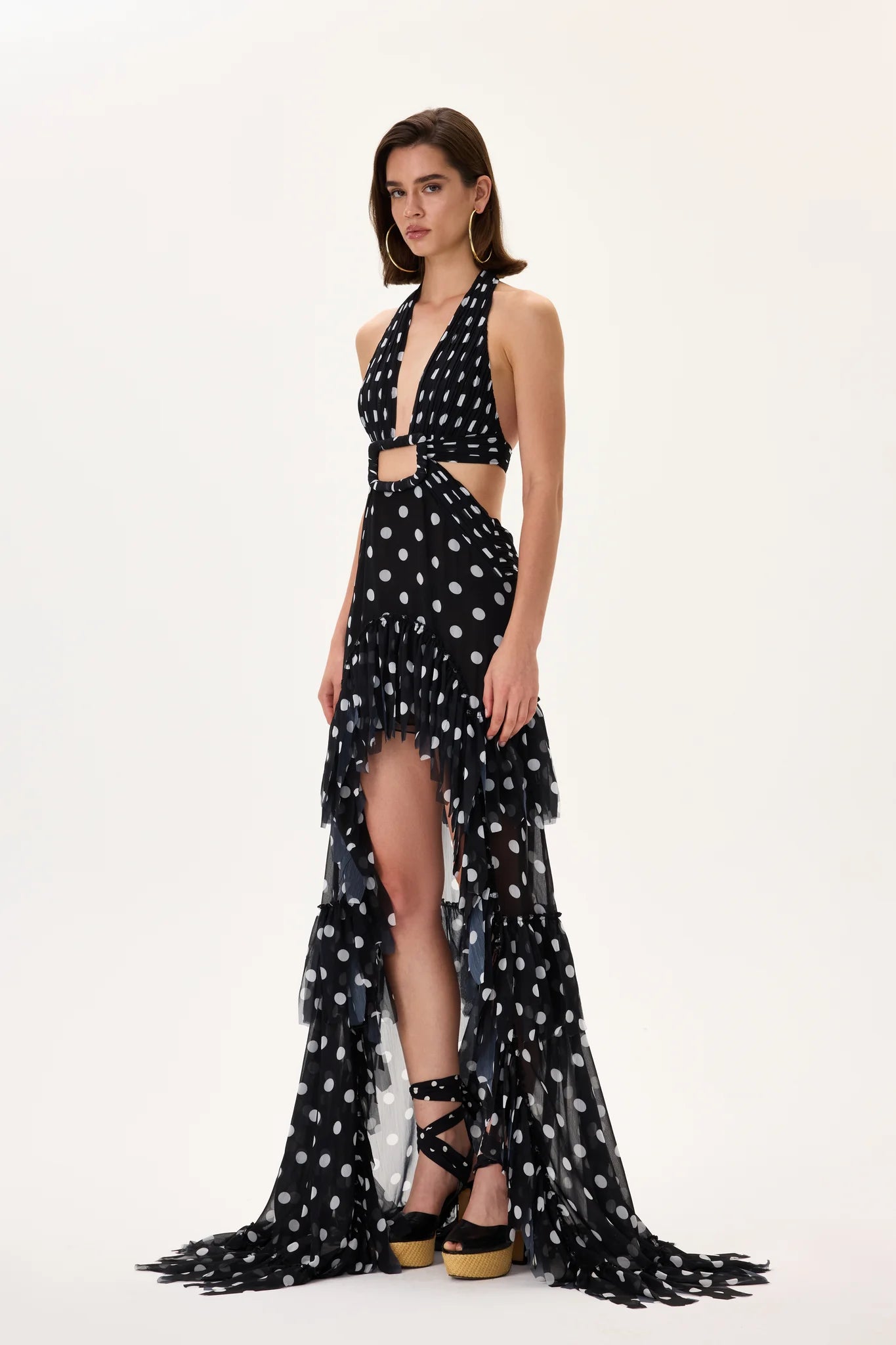 Black Polka Dot Chiffon Dress With Laser Cut Fringes And Belt Detail – RAISA VANESSA INT