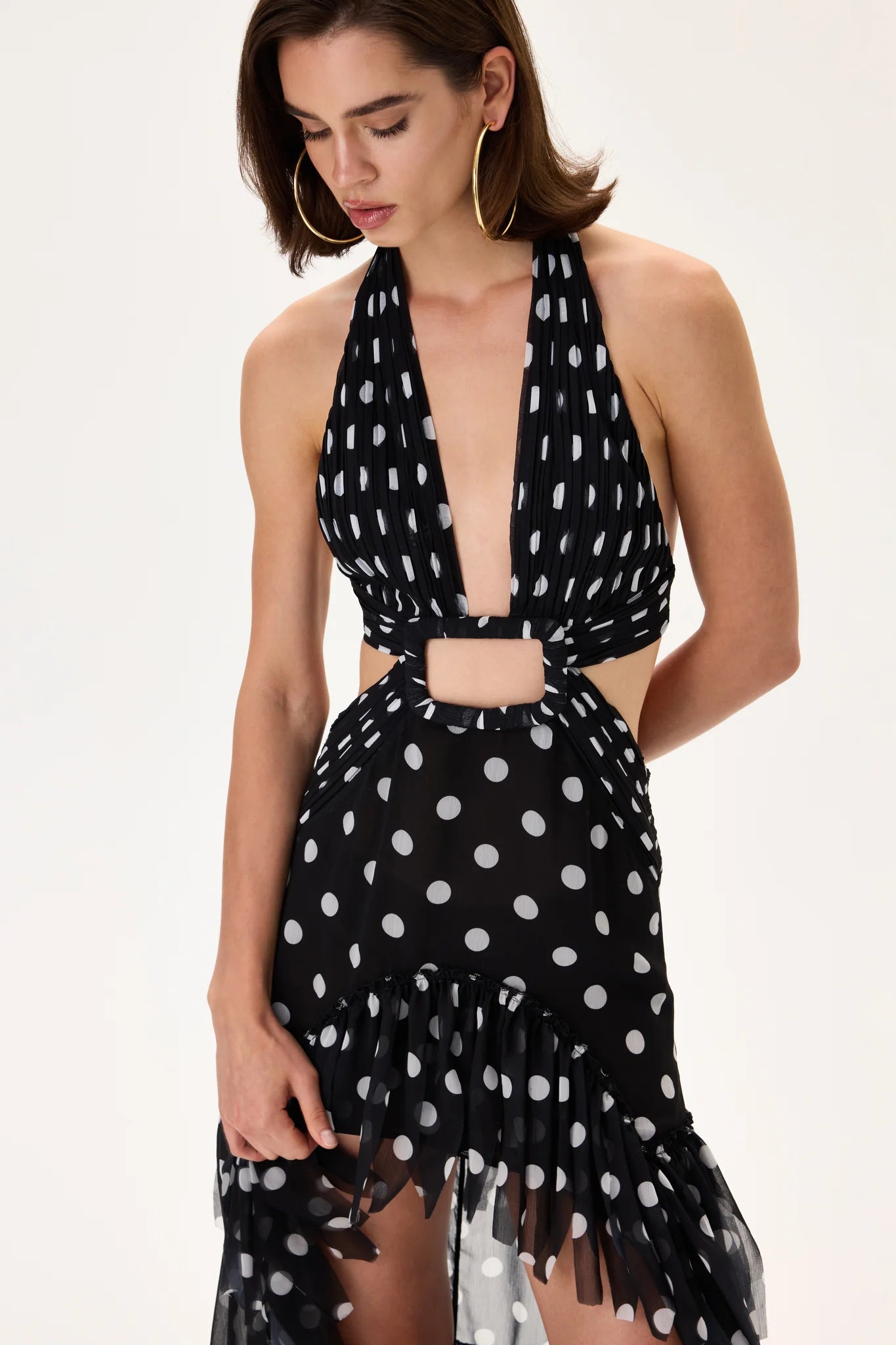 SS26-D-1044-40 raisa_vanessa black-polka-dot-chiffon-dress-with-laser-cut-fringes-and-belt-detail