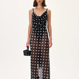 Black Polka Dot Cowl Neckline See Through Chiffon Pareo Dress