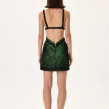 Beaded Net Green Mini Dress With Black Fully Beaded Bra And Leaf Motive Strips