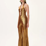 SS26-JS-1001-36 raisa_vanessa bronze-metallic-jersey-gold-accessory-detailed-flare-jumpsuit