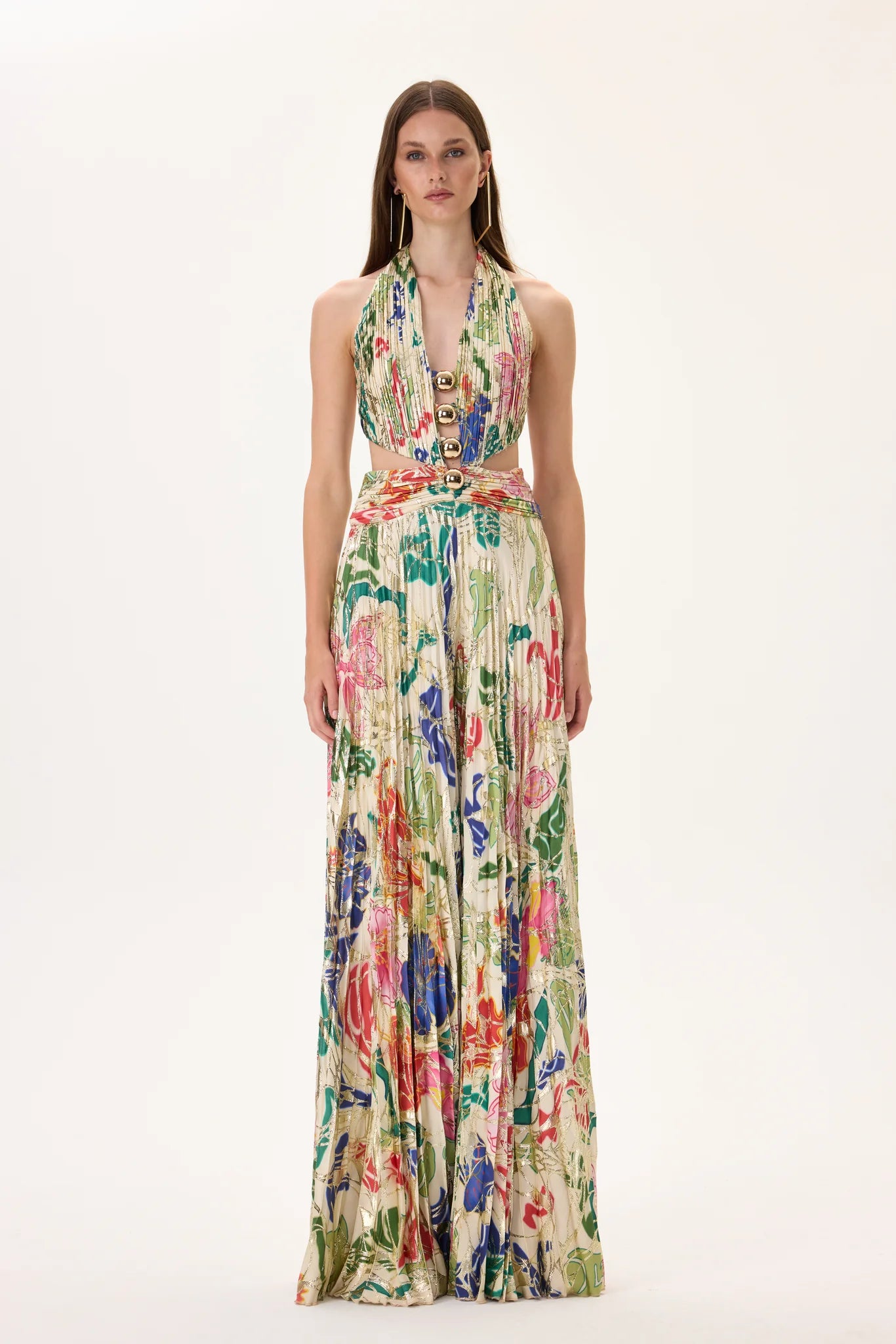 SS26-JS-1003-34 raisa_vanessa ecru-pleated-viscose-multi-color-flower-printed-jumpsuit-with-gold-foil-accents