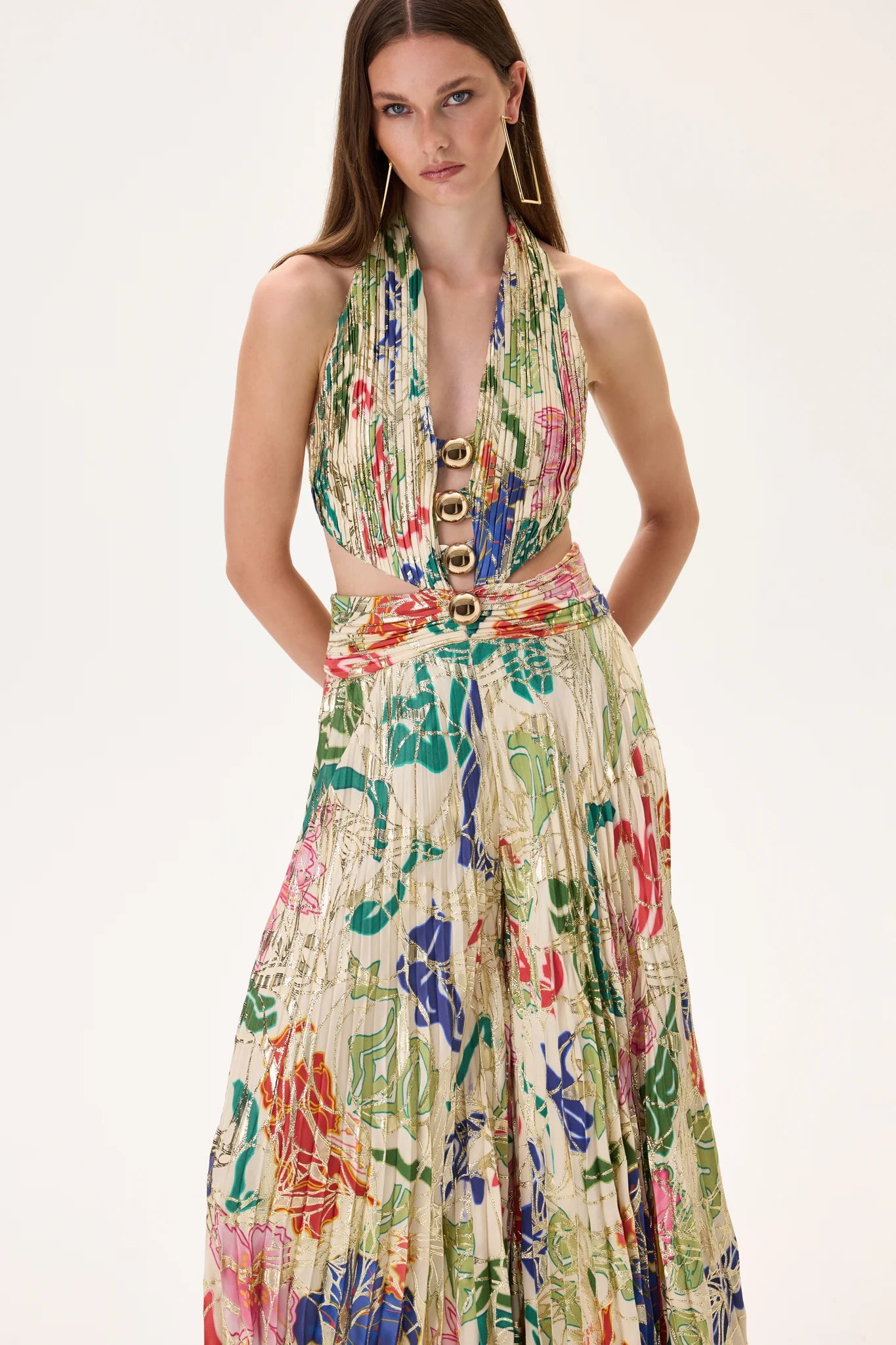 SS26-JS-1003-40 raisa_vanessa ecru-pleated-viscose-multi-color-flower-printed-jumpsuit-with-gold-foil-accents