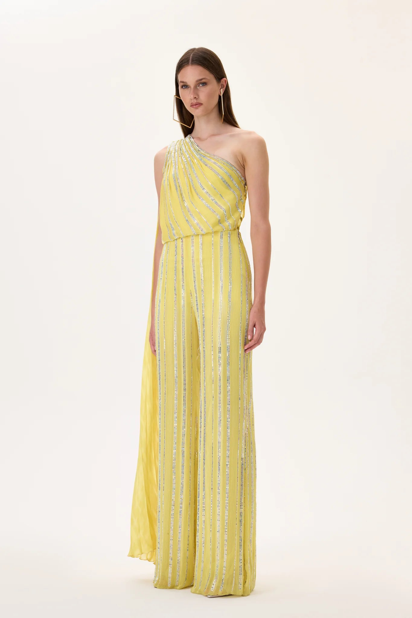 Yellow Crystal Printed Chiffon Jumpsuit With Pleated Half Cape – RAISA VANESSA INT