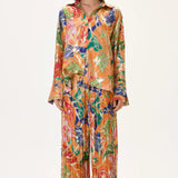 Orange Pleated Viscone Multi Color Flower Printed Wide Leg Pants With Gold Foil Accents