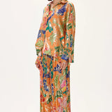 Orange Pleated Viscone Multi Color Flower Printed Wide Leg Pants With Gold Foil Accents