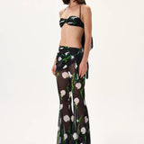 Flower Patterned Chiffon See Through Flare Pareo Pants