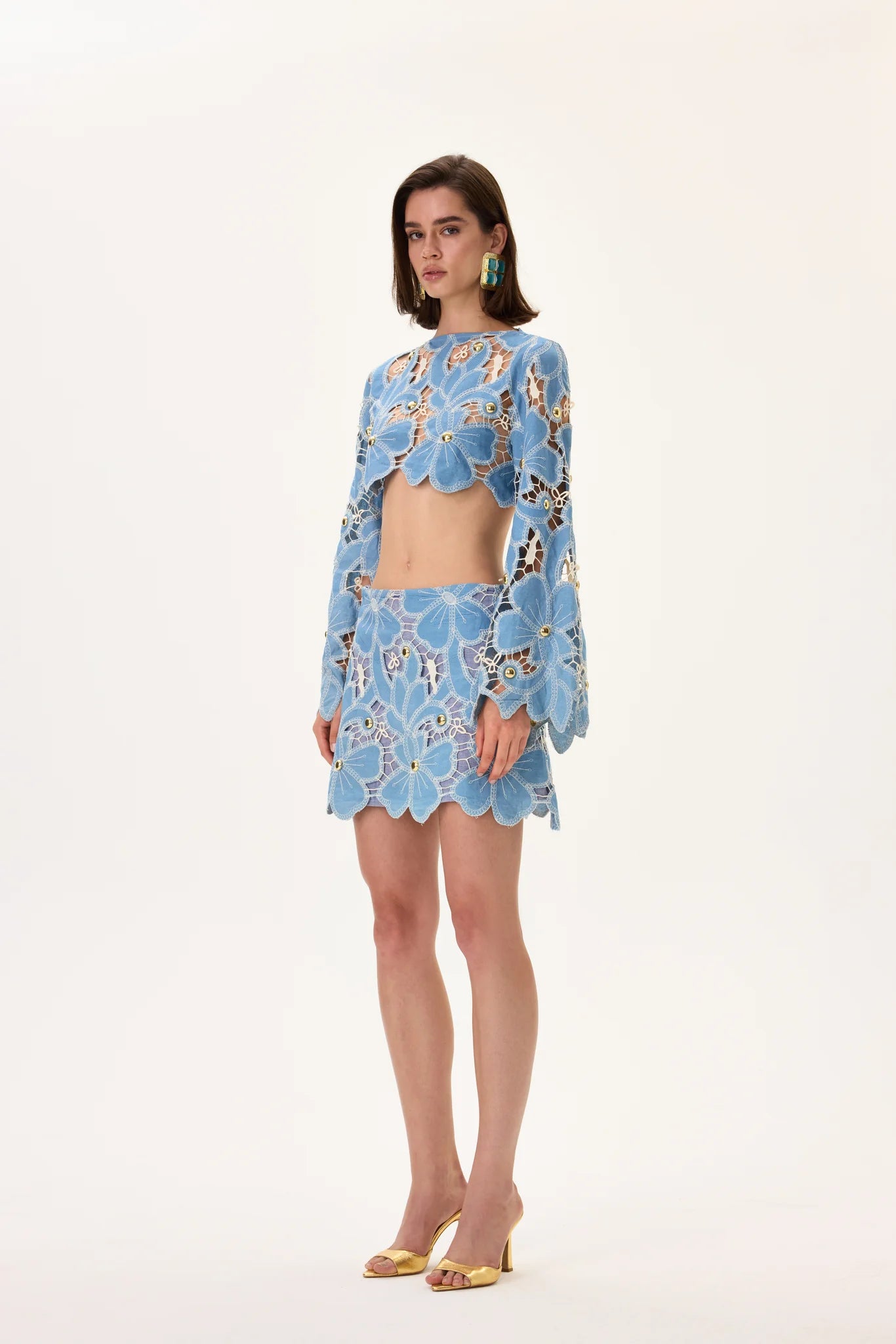 SS26-S-1002-36 raisa_vanessa denim-lace-mini-skirt-with-gold-metal-centered-flower-embroidery