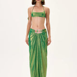 SS26-S-1007-34 raisa_vanessa green-metallic-jersey-balloon-skirt-with-gold-accessory-and-ruched-waistline