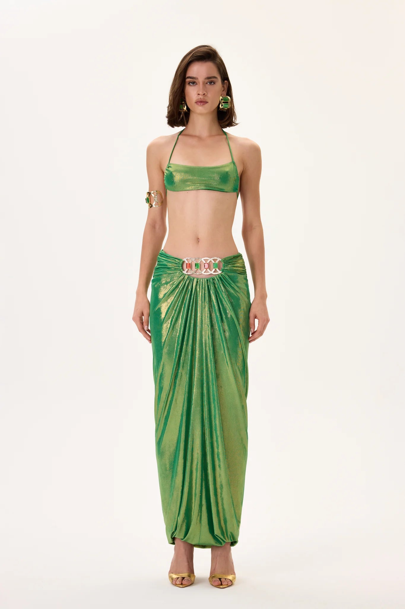 SS26-S-1007-34 raisa_vanessa green-metallic-jersey-balloon-skirt-with-gold-accessory-and-ruched-waistline