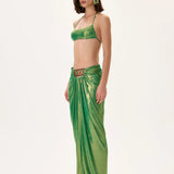 SS26-S-1007-36 raisa_vanessa green-metallic-jersey-balloon-skirt-with-gold-accessory-and-ruched-waistline