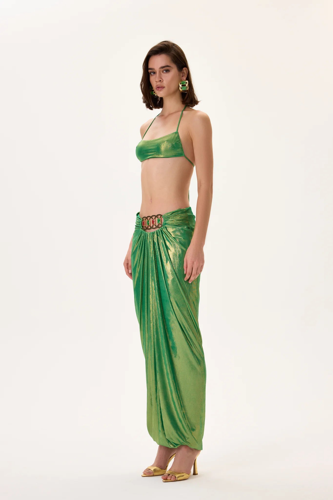 SS26-S-1007-36 raisa_vanessa green-metallic-jersey-balloon-skirt-with-gold-accessory-and-ruched-waistline